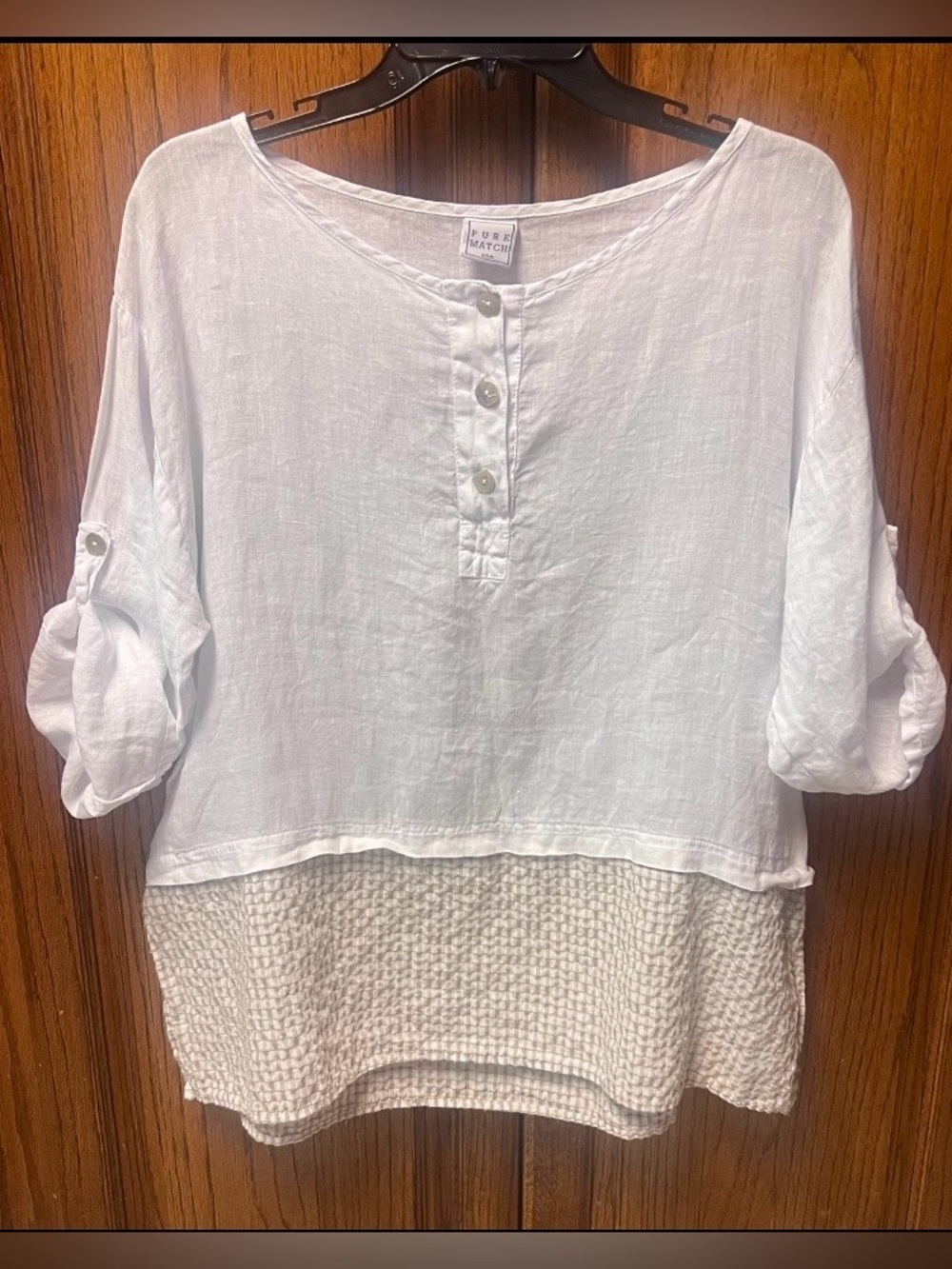 Match Point Pure Match White Linen Henley Top Check Hem Tab Sleeves L/XL 22” P-P